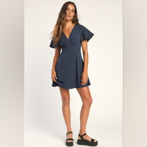 Lulus Dresses & Skirts - Lulu's Dream Girl Material Navy Blue Flutter Sleeve Mini Dress Size XL New!
